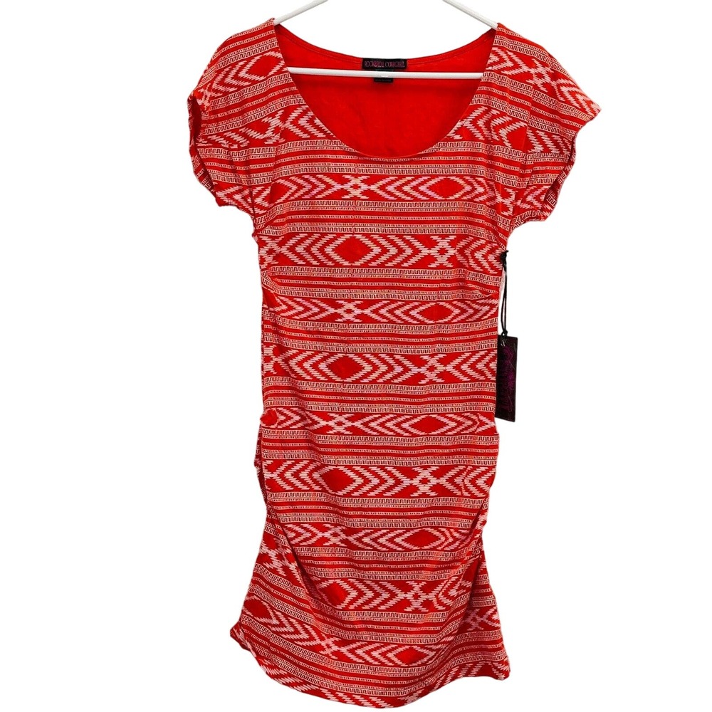 Juniors M Rock & Roll Cowgirl Coral Aztec Dress Short Cap Sleeve Knee Length